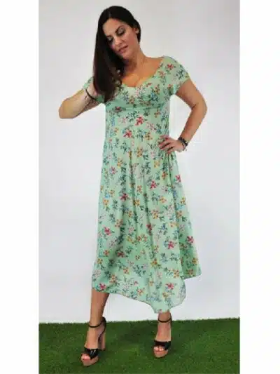 Φόρεμα σε Άλφα Γραμμή Φλοράλ, Πράσινο
