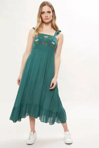 Embroidery Midi Resort Dress, Green