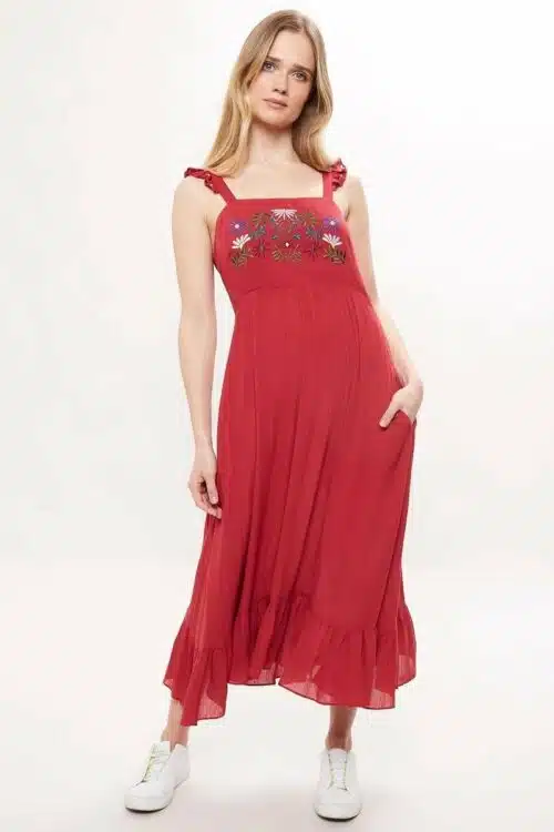 Embroidery Midi Resort Dress, Red