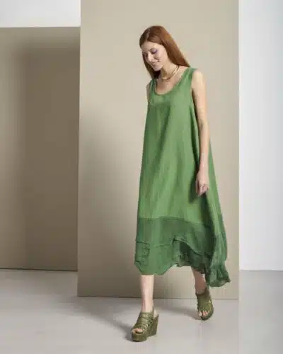 Λινό Maxi Αμάνικο Φόρεμα με Βολάν Γάζα, Πράσινο