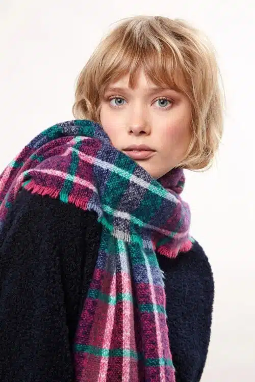 Warm Handle Checked Scarf With Fringed Edge, Navy