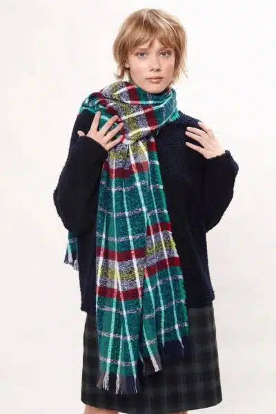 Warm Handle Checked Scarf With Fringed Edge, Green