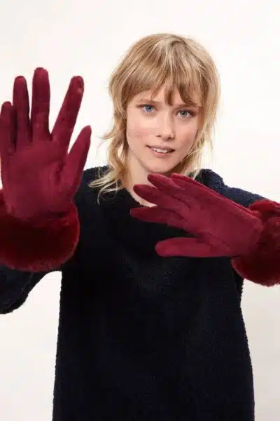 Faux Suede And Fur Cuffed Touch Screen Gloves, Burgundy