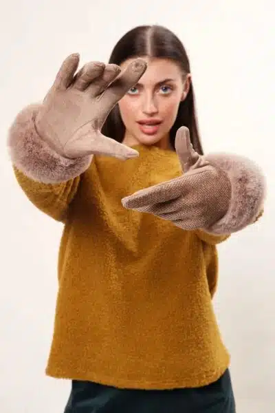 Faux Suede And Fur Cuffed Touch Screen Gloves, Beige