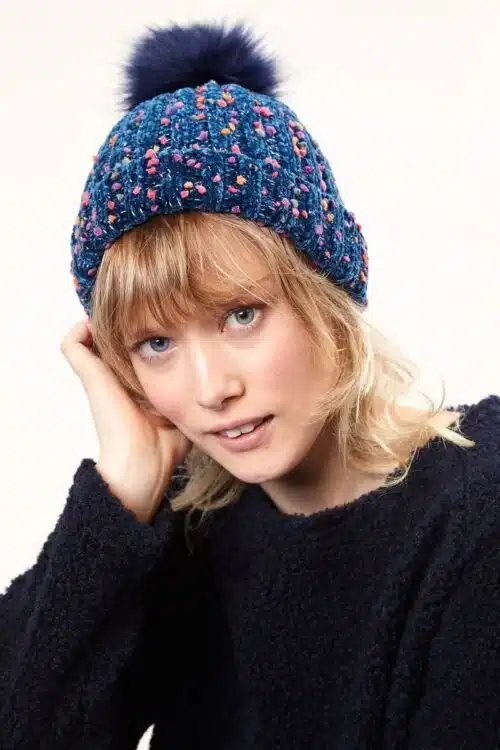 Knitted Nep Beanie With Faux Fur Bobble, Navy
