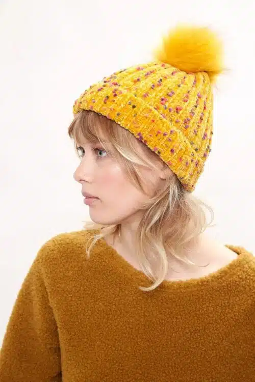 Knitted Nep Beanie With Faux Fur Bobble, Mustard