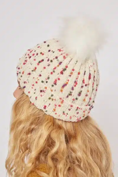Knitted Nep Beanie With Faux Fur Bobble, Off White