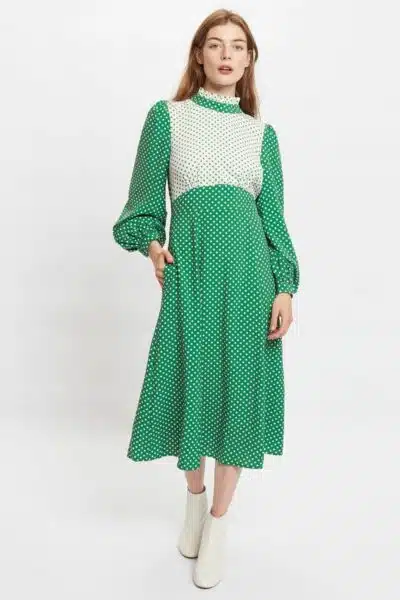 Πουά Μακρυμάνικο Φόρεμα, Πράσινο