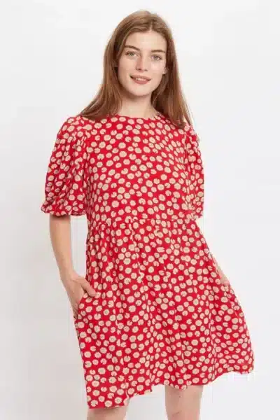 Mini Φόρεμα Μπαλούν Μανίκια, Μαργαρίτες, Κόκκινο
