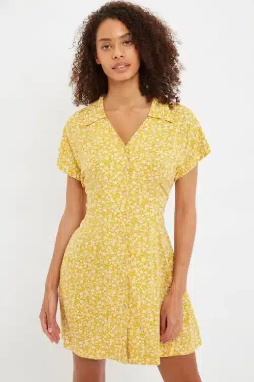 Mini Shirtdress με Πλεχτή Μέση, Κίτρινο