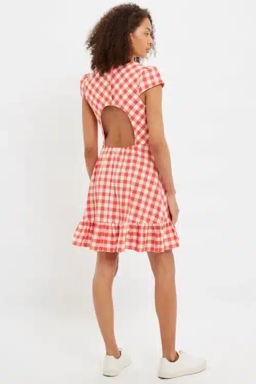 Mini Φόρεμα με Ανοιχτή Πλάτη, Picnic Καρό, Κόκκινο