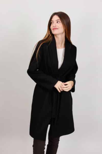 Fleece Παλτό Γυναικείο με Ζώνη, Μαύρο