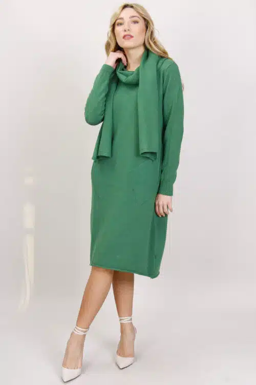 Over Fit Πλεκτό Φόρεμα με Κασκόλ, Πράσινο