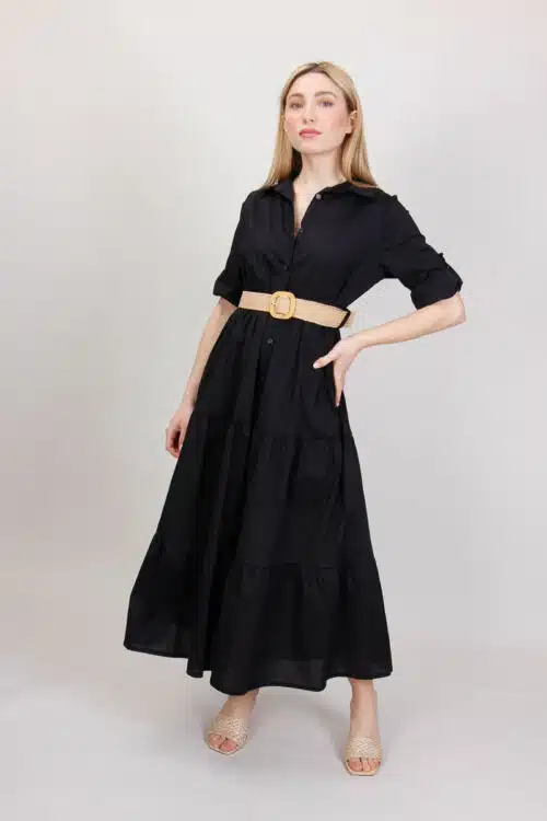 Σεμιζιέ Φόρεμα με Ζώνη, Μαύρο